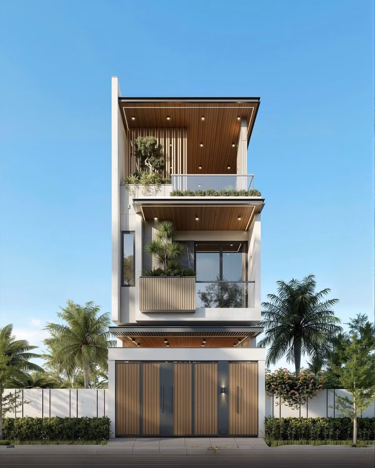 Hệ mái hiên lớn vươn dài theo từng tầng giúp nhà phố 3 tầng tăng khả năng che nắng hiệu quả Hệ mái hiên lớn vươn dài theo từng tầng giúp nhà phố 3 tầng tăng khả năng che nắng hiệu quả