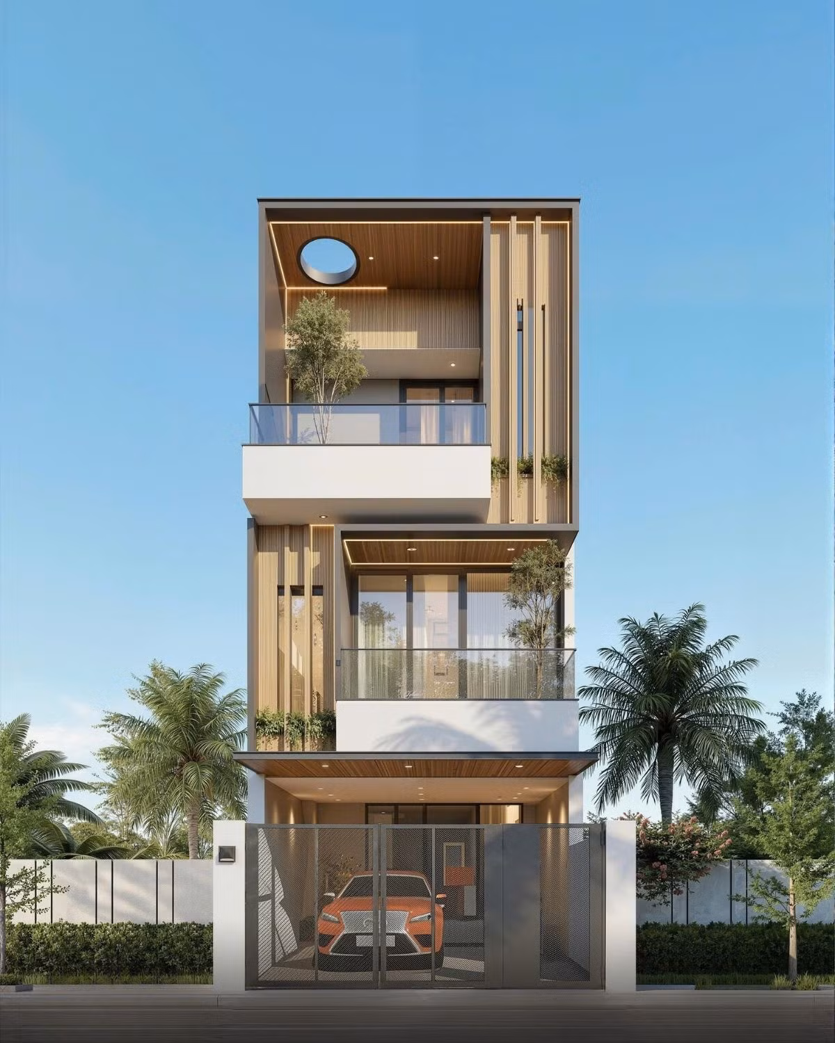 Hệ lam đứng chạy xuyên suốt từ tầng hai đến tầng trên cùng giúp mặt tiền nhà phố 3 tầng trở nên thanh thoát Hệ lam đứng chạy xuyên suốt từ tầng hai đến tầng trên cùng giúp mặt tiền nhà phố 3 tầng trở nên thanh thoát