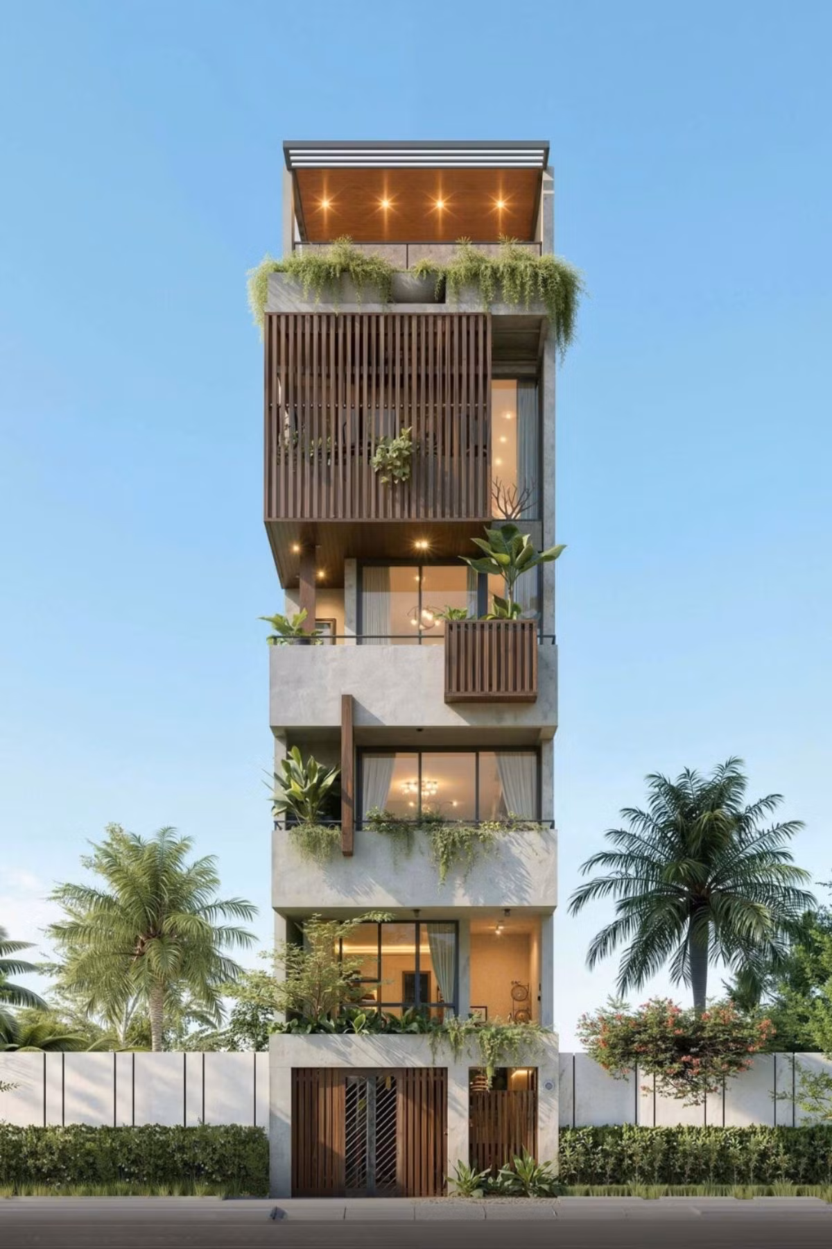 Hệ lam gỗ kích thước lớn bao phủ giúp mặt tiền nhà phố 6 tầng tăng khả năng che nắng và tạo riêng tư Hệ lam gỗ kích thước lớn bao phủ giúp mặt tiền nhà phố 6 tầng tăng khả năng che nắng và tạo riêng tư