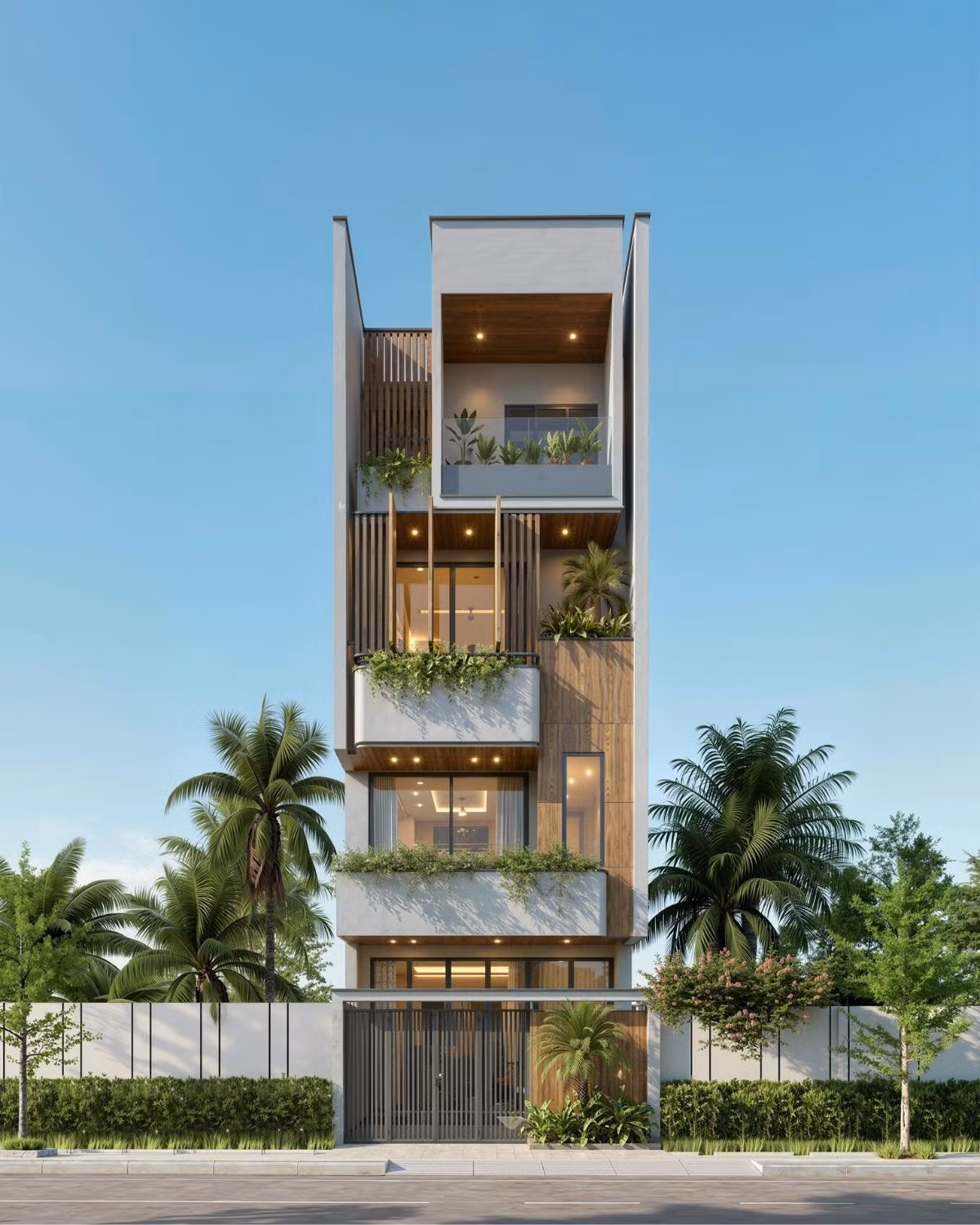 Nhà phố 4 tầng thiết kế hình khối đua nhẹ kết hợp lam gỗ đứng, tạo chiều sâu thị giác và mang đến cảm giác thanh thoát Nhà phố 4 tầng thiết kế hình khối đua nhẹ kết hợp lam gỗ đứng, tạo chiều sâu thị giác và mang đến cảm giác thanh thoát